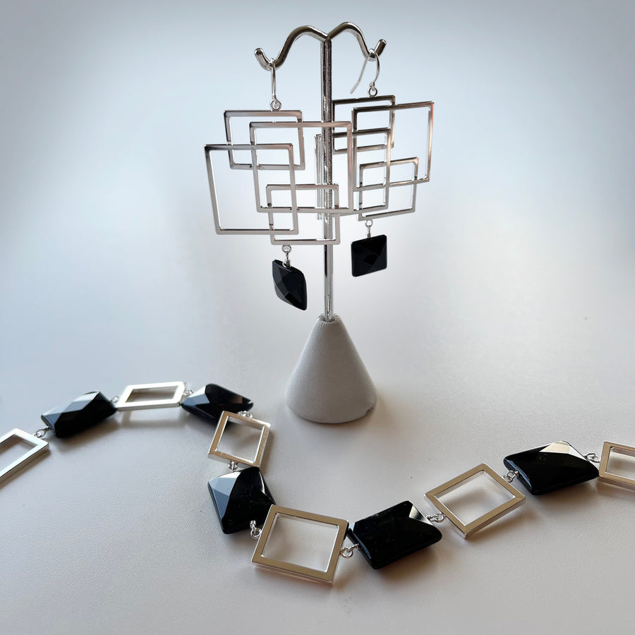 Silver Square &  Black Onyx Collar Necklace