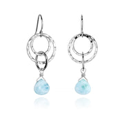 small multi hoop dangle earrings, pear shaped Larimar, hammered sterling silver hoops