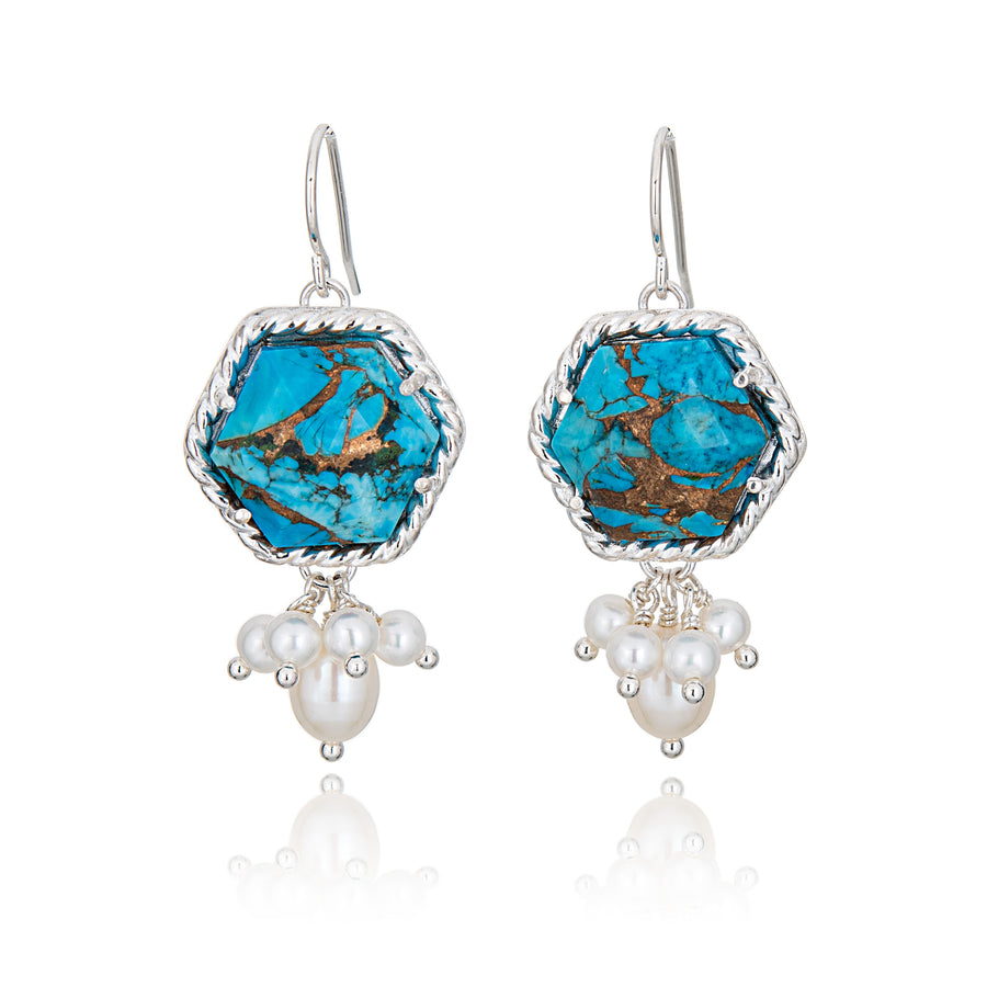 Hexagonal Copper Turquoise and Pearl Earrings