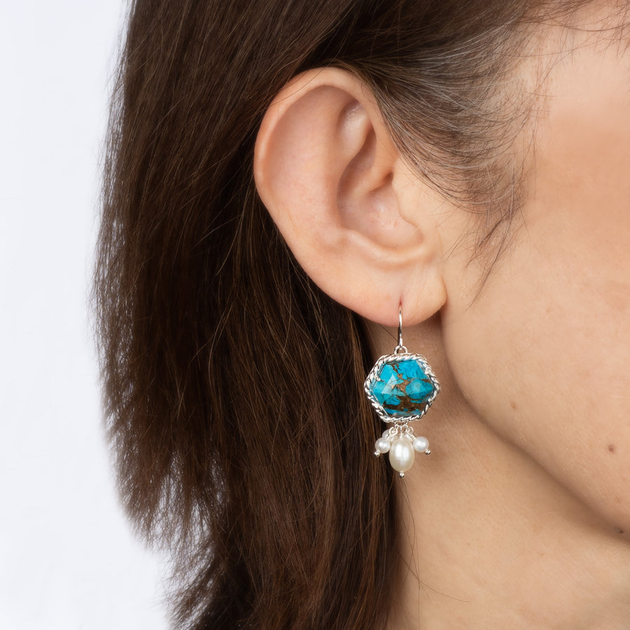 Hexagonal Copper Turquoise and Pearl Earrings