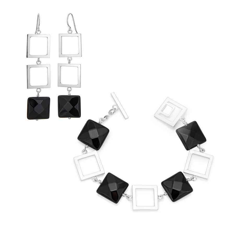 Silver Square &  Black Onyx Earrings