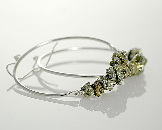 Sterling Silver Large Hoop Earrings - Raw Pyrite