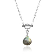 Labradorite Circle & Bar Necklace Sterling Silver Iridescent Green Pear/Heart Shaped