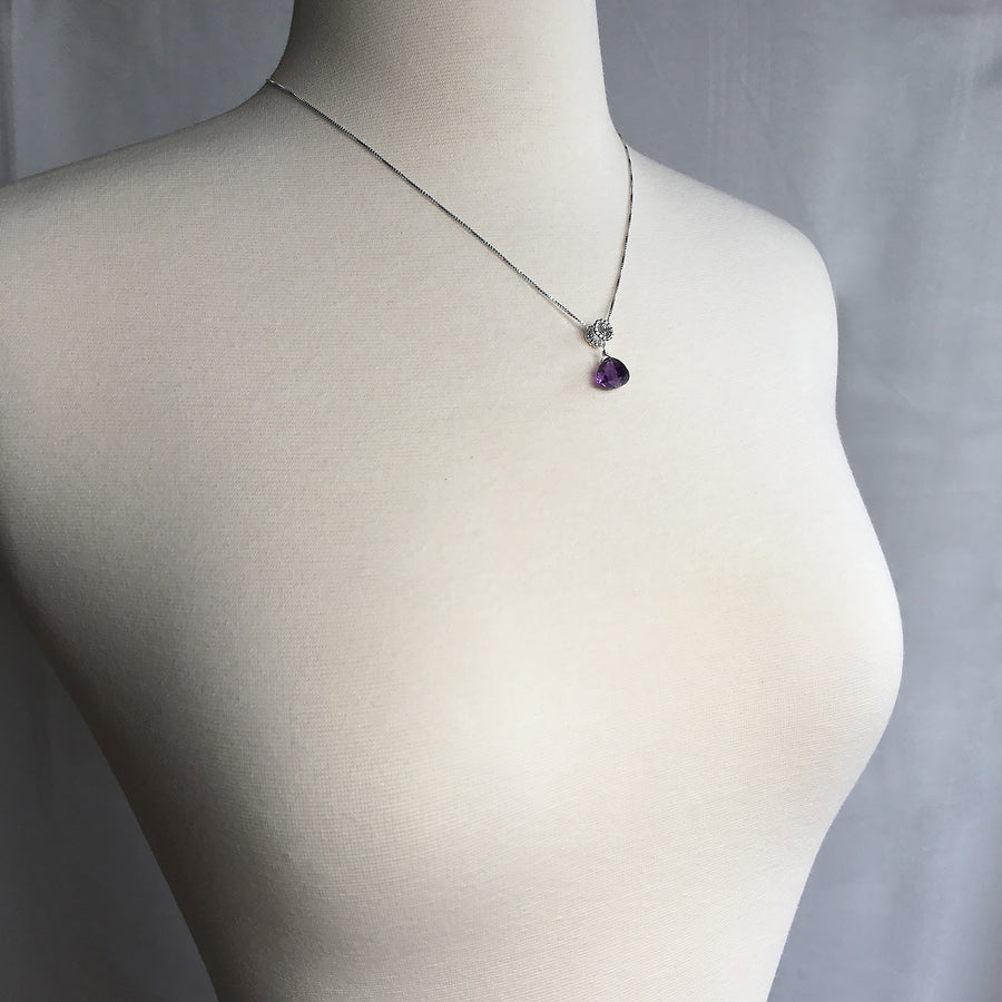 Mannequin Wearing Pyramid Shaped Purple Amethyst Designer Necklace Sterling Silver Sliding Beaded Bail